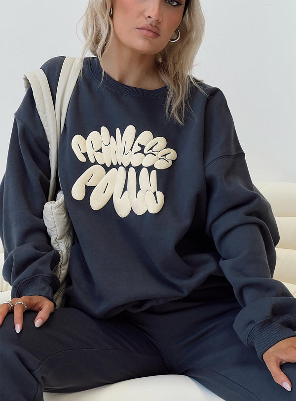Prenses Polly Yuvarlak Yaka Sweatshirt Kabarcık Yazılı Arduvaz / Yumurta Kabuğu