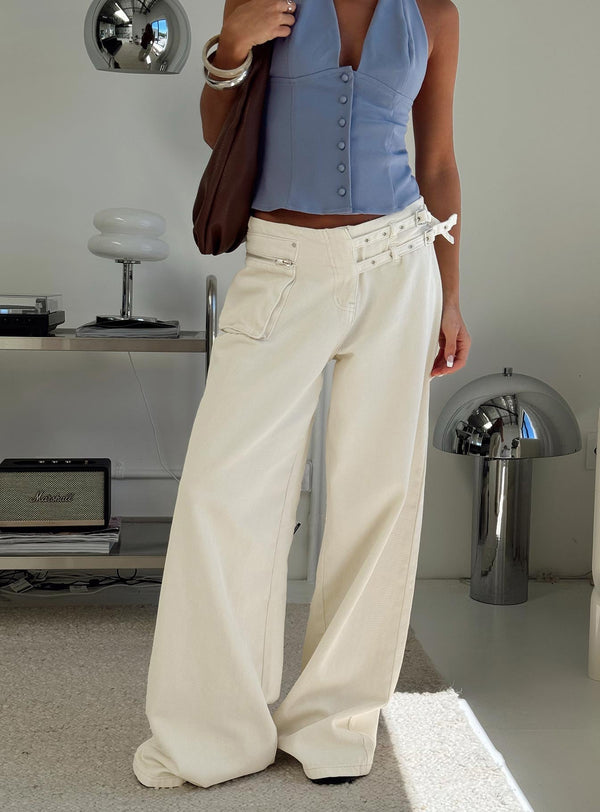 Paltrow Orta Bel Geniş Paça Kargo Kot Pantolon Krem