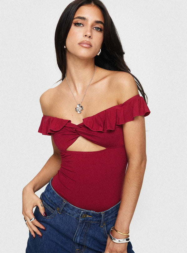 Dikkatli Olun Omuz Açık Kırmızı Bodysuit