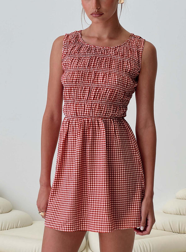 Winxie Büzgülü Mini Elbise Kırmızı Gingham