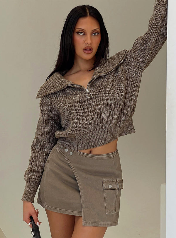 Leightyn Çeyrek Fermuarlı Örgü Kazak Bej