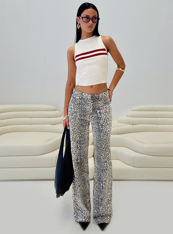 Üst Model Düşük Bel Düz Paça Kot Pantolon Leopar Desenli