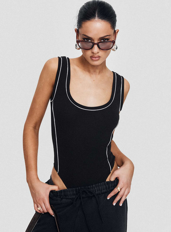 Velvela Kontrast Dikişli Bodysuit Siyah / Beyaz