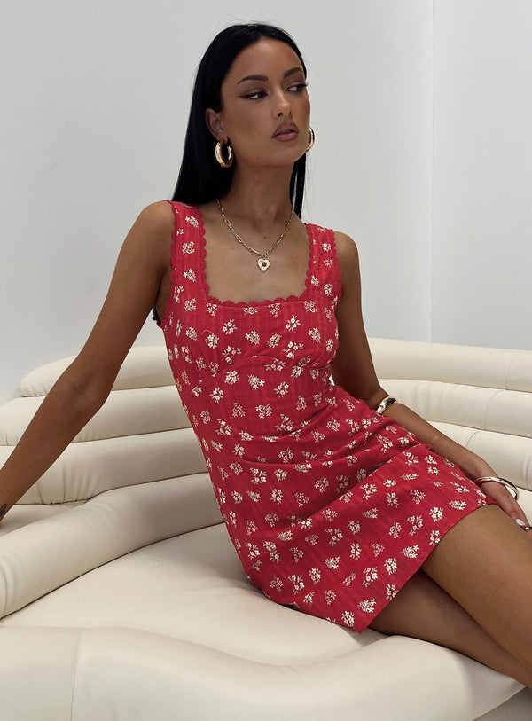 Dasha Mini Elbise Kırmızı Çiçek Desenli
