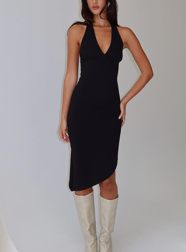 Whimsy Asimetrik Midi Elbise Siyah