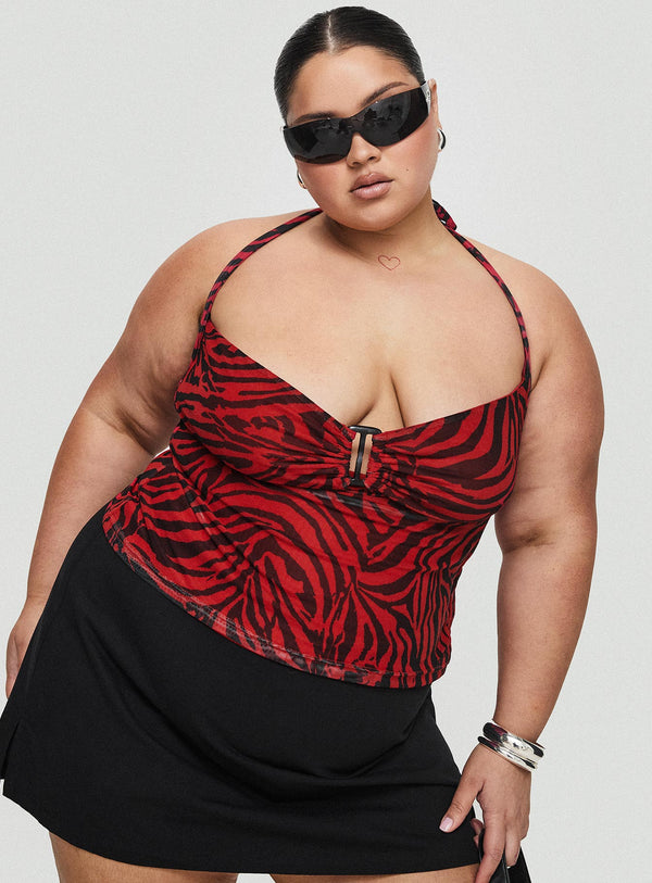 Cielo Mesh Halter Üst Kırmızı Zebra Eğrisi
