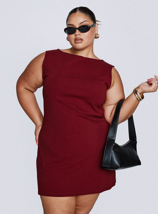 Zimmie Mini Elbise Bordo Kavisli
