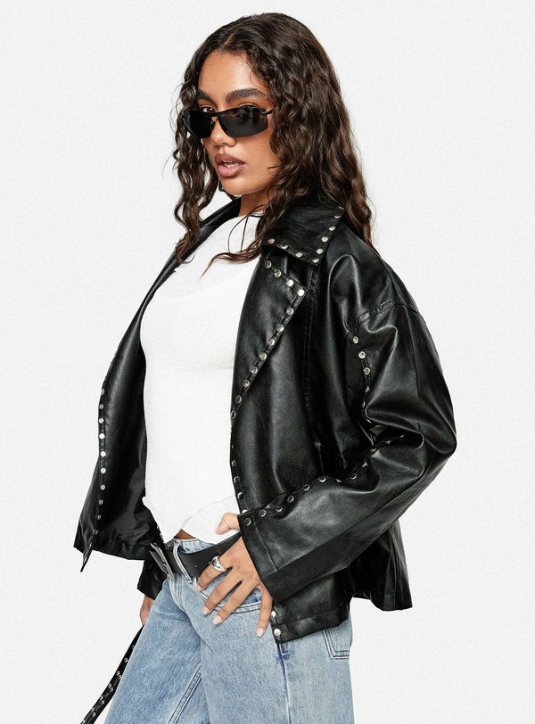 Kaeden Suni Deri Çivili Detaylı Biker Ceket Siyah