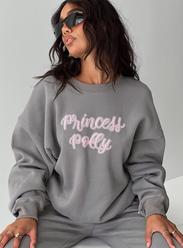 Prenses Polly Yuvarlak Yaka Sweatshirt Kabarık Yazı Kömür Rengi