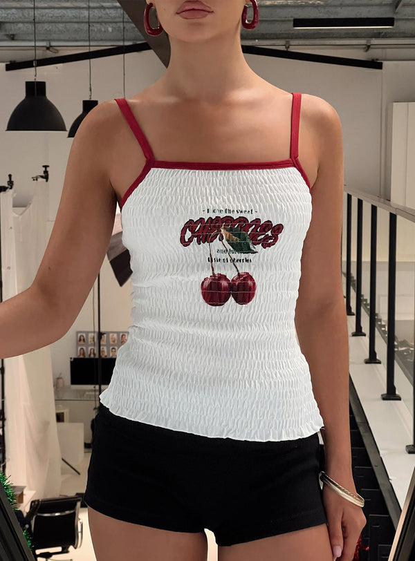Cherrie Ties Büzgülü Grafik Üst Beyaz