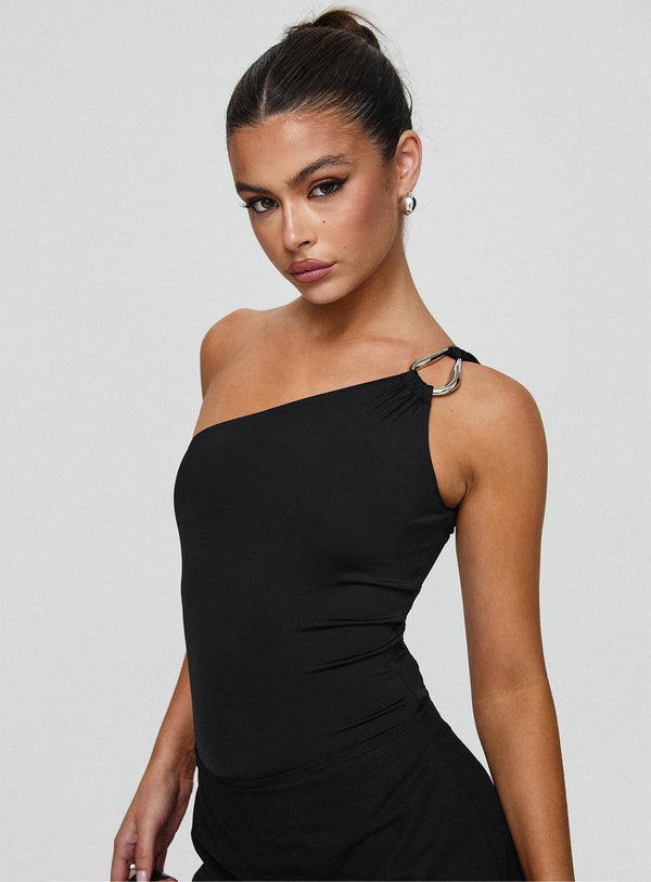 Talija Tek Omuzlu Bodysuit Siyah Uzun