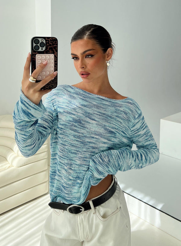 Lay Your Cards Örgü Kazak Mavi Çok Renkli