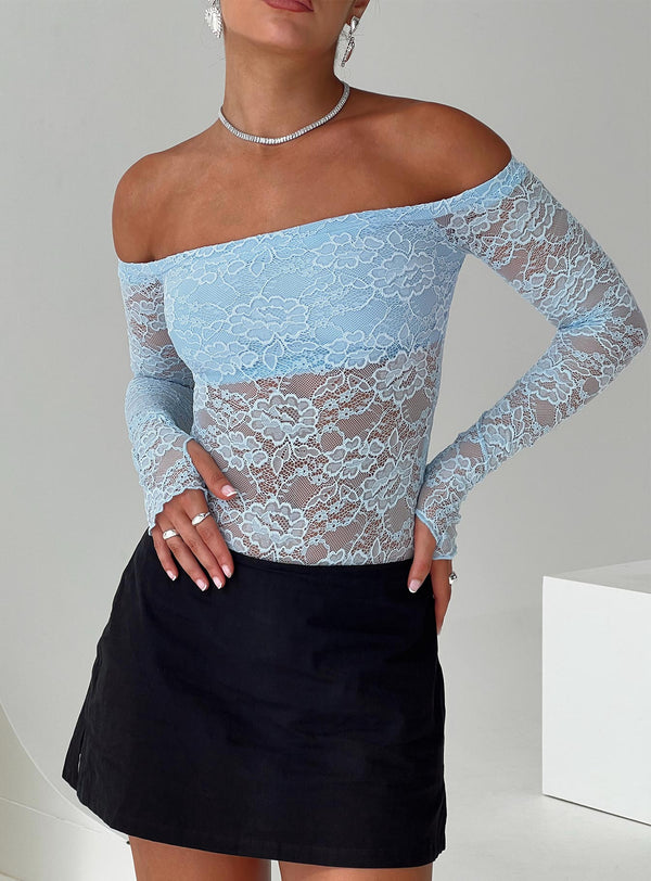 Weaver Omuz Açık Dantel Bodysuit Mavi