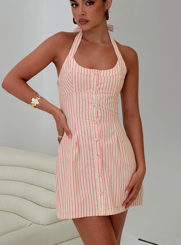 Mallorie Halter Mini Elbise Pembe Çizgili