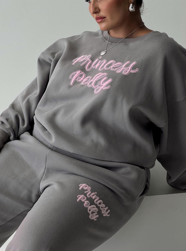 Prenses Polly Yuvarlak Yaka Sweatshirt Kabarık Yazı Kömür Eğrisi
