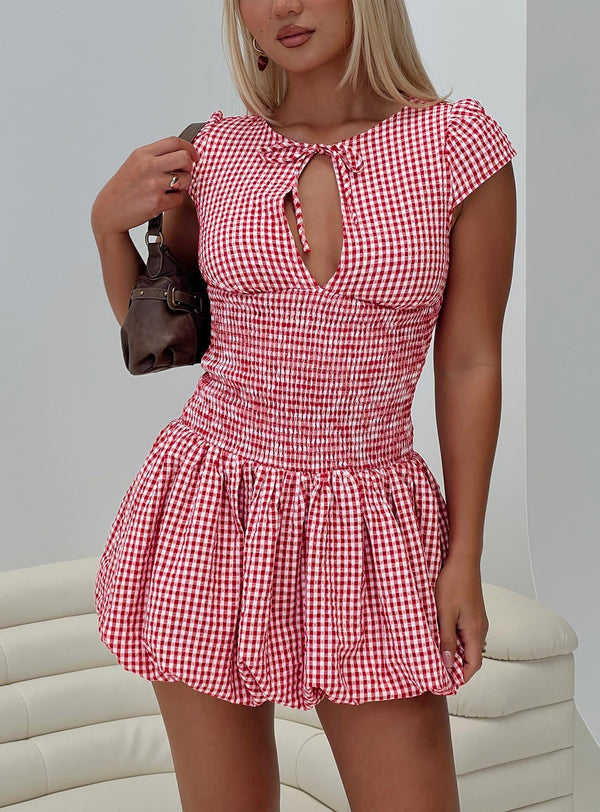 Uğur Böceği Gingham Mini Elbise Kırmızı