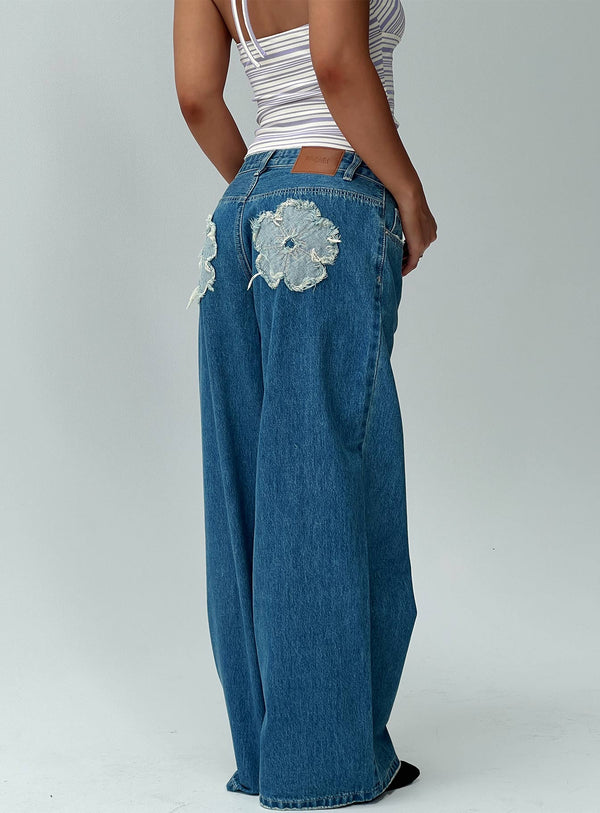 A Keeper Flower Patch Düşük Bel Geniş Paça Kot Pantolon Orta Mavi