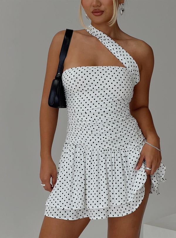 Escapades Tek Omuzlu Mini Elbise Beyaz / Siyah Polka