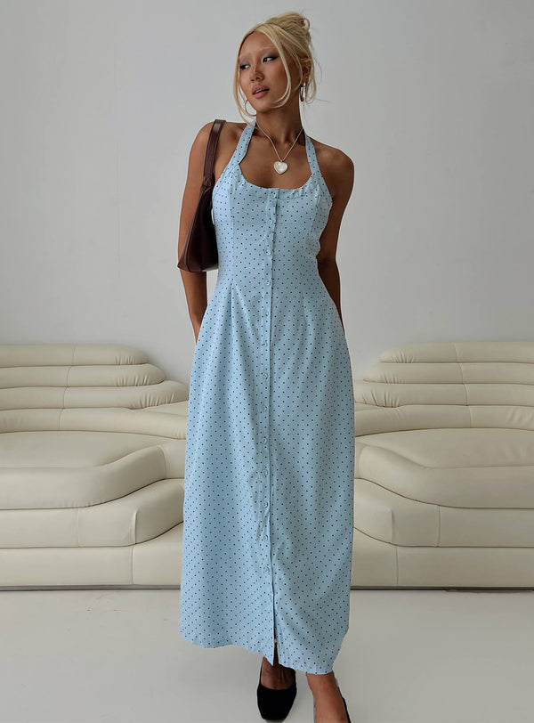 Mallorie Halter Uzun Elbise Mavi / Siyah Polka