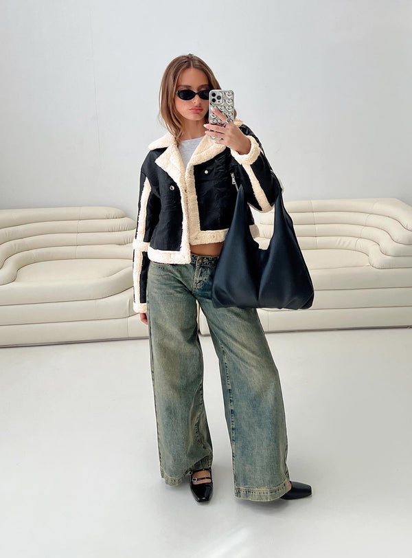 Talines Teddy Trim Ceket Siyah/Krem