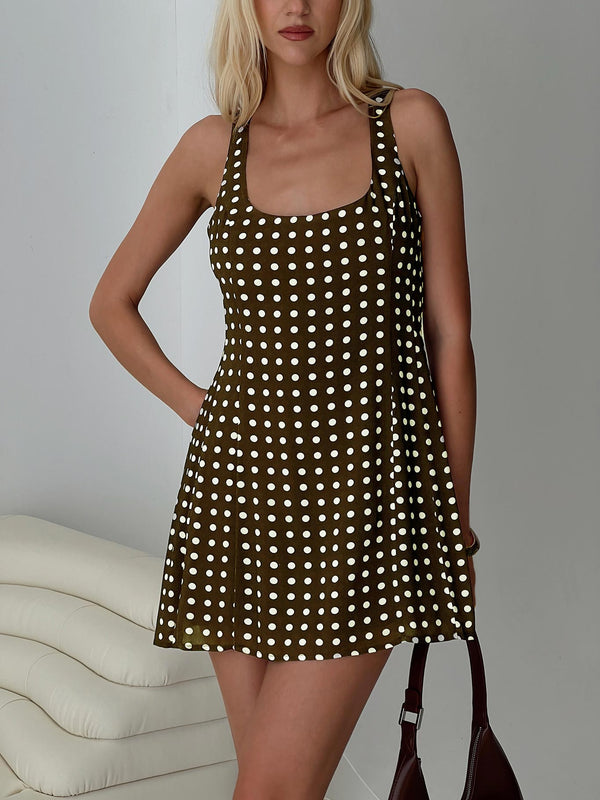 Serina Polka Mini Elbise Kahverengi / Beyaz