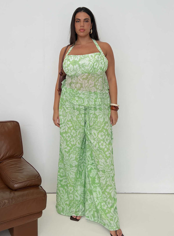 Finesse Pantolon Yeşil Çiçekli Eğri
