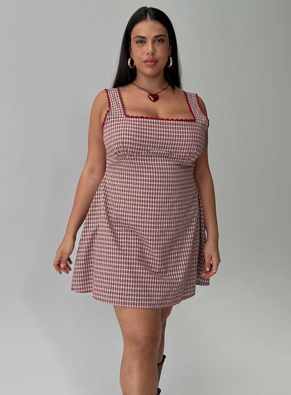Dasha Mini Elbise Kırmızı Kareli Kavisli