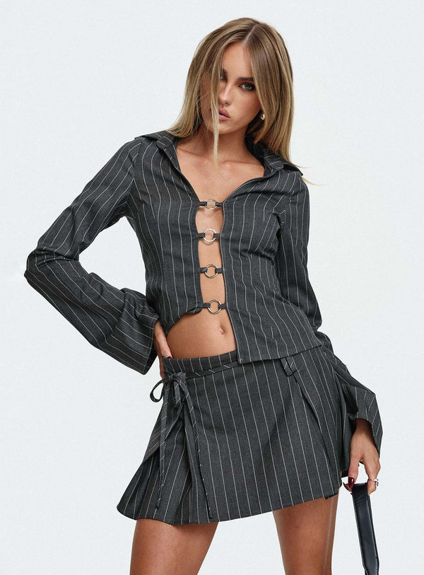 Saraya Pleat Mini Skort Gri Çizgili
