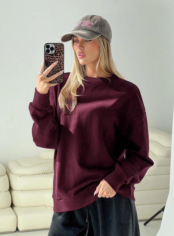 Tüm Gün Yuvarlak Yaka Sweatshirt Şarap