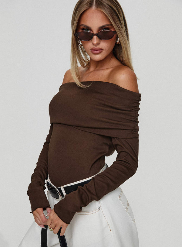 Spoilt Omuz Açık Bodysuit Kahverengi