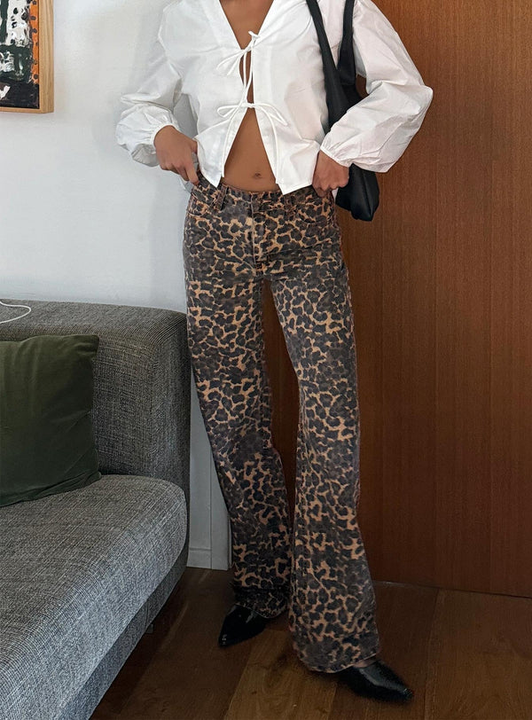Üst Model Düşük Bel Düz Paça Kot Pantolon Leopar