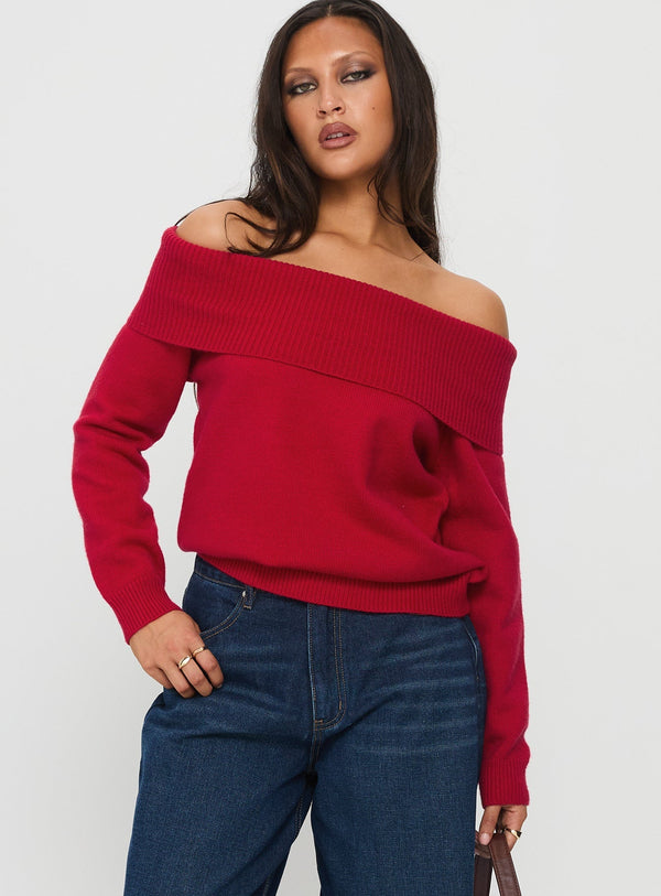 Jaycelyn Omuz Açık Örgü Kazak Kırmızı