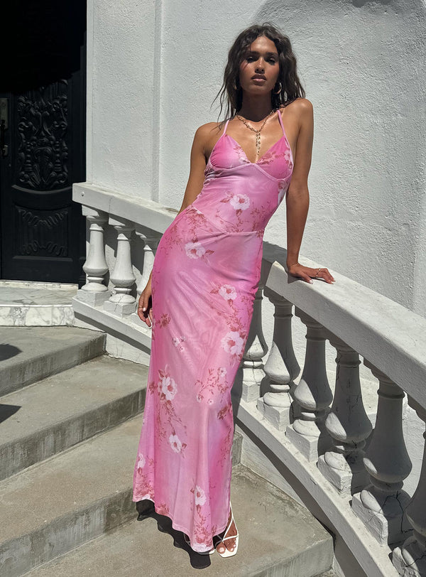 Beverlie Halter Uzun Elbise Pembe Çiçek Desenli