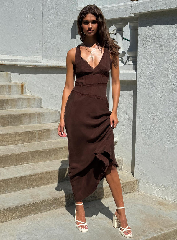 Karlotta Lace Bias Maxi Elbise Kahverengi