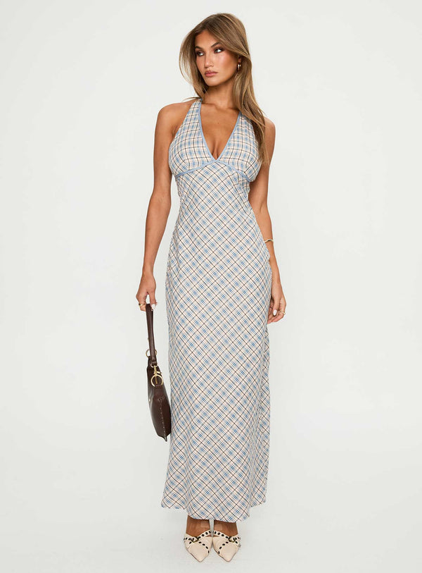 Evienna Halter Maxi Elbise Mavi Kareli