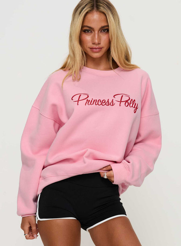 Prenses Polly Klasik Yuvarlak Yaka Sweatshirt Kabarcık Yazı Pembe