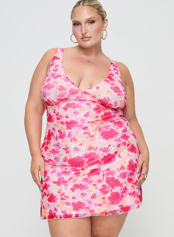 Zuba Mini Elbise Pembe Çiçekli Kavisli