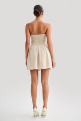 Holland Keten Büzgülü Mini Elbise - Doğal