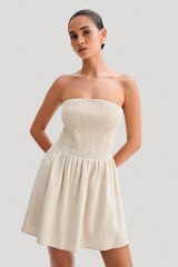 Holland Keten Büzgülü Mini Elbise - Doğal