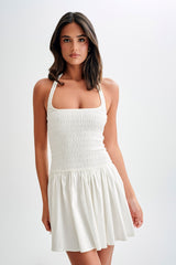Shelley Pamuklu Büzgülü Askılı Mini Elbise - Beyaz