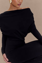 Jessie Kapşonlu Yaka Örgü Midi Elbise - Siyah