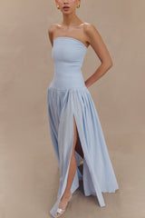 Maureen Cotton Büzgülü Uzun Elbise - Pudra Mavisi