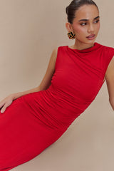 Navanna Asimetrik Slinky Midi Elbise - Kırmızı