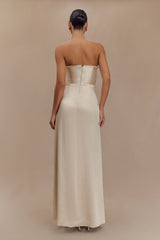 Larissa Saten Uzun Elbise, Büzgülü Yapraklar - Pembe Altın