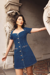 Monica Sweetheart Kot Mini Elbise - Koyu Mavi