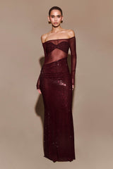 Nash Diamante Omuz Açık Uzun Elbise - Maun