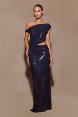 Kenny Diamante Tek Omuzlu Uzun Elbise - Lacivert