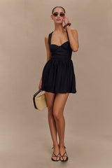 Loz Bağcıklı Keten Mini Elbise - Siyah