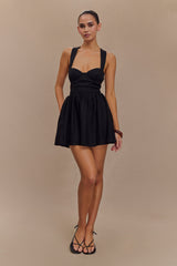 Loz Bağcıklı Keten Mini Elbise - Siyah