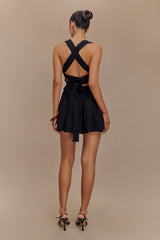 Loz Bağcıklı Keten Mini Elbise - Siyah